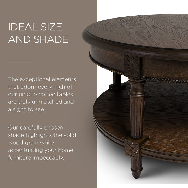 Maven Lane Pullman Traditional Round Wooden Coffee Table, Antiqued Brown Finish - VMInnovations
