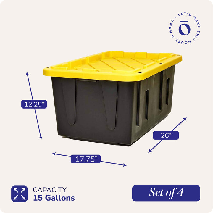 Homz 15 Gallon Durabilt Storage Container with Snap Lid, Black/Yellow (4 Pack)