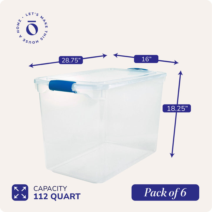 Homz 112-Quart Clear Plastic Stackable Storage Containers w/ Latch Lid, 6 Pack