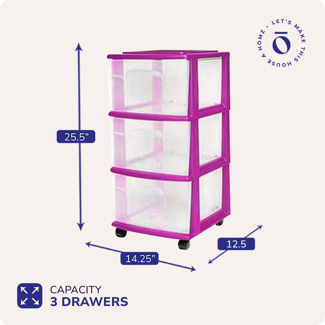 Homz Plastic 3 Drawer Medium Storage Container Tower, Clear Drawers/Purple Frame