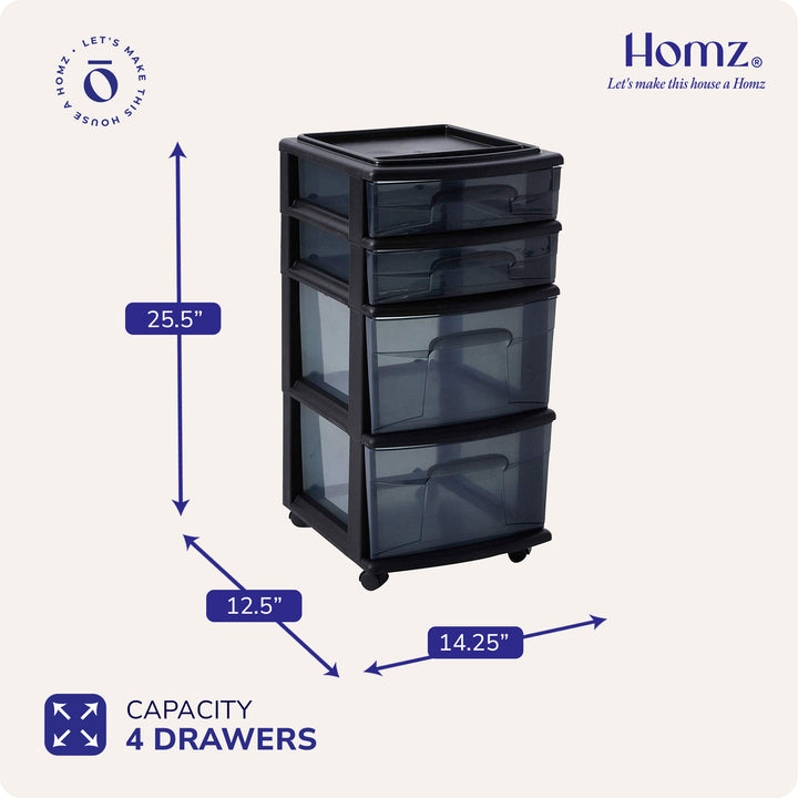 Homz Tall Solid Plastic 4 Drawer Med Storage Cart w/Caster Wheels, Blk(Open Box)