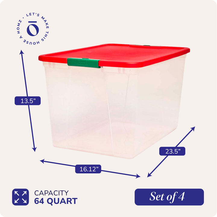 Homz 64 Qt Secure Latch Clear Plastic Storage Container Bin w/ Red Lid, 4 Pack