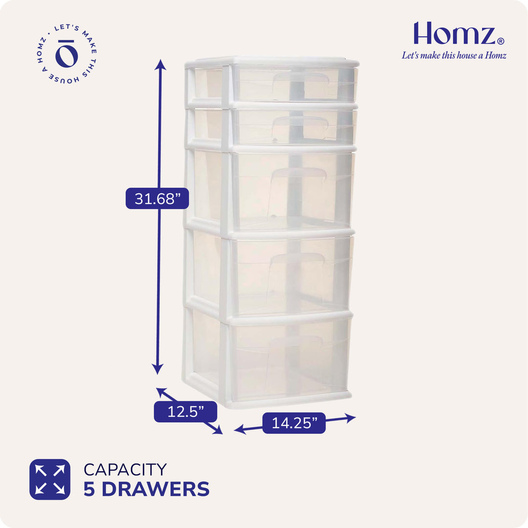 Homz Clear Plastic 5 Drawer Home Storage Container Tower, White (2pk) (Open Box)