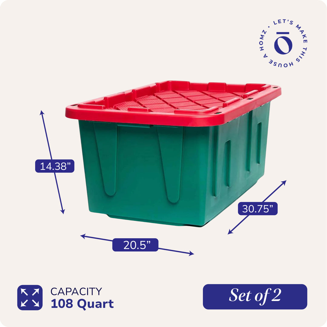 Durabilt 27 Gal Heavy Duty Holiday Storage Tote, Green/Red (2 Pack) (Open Box)