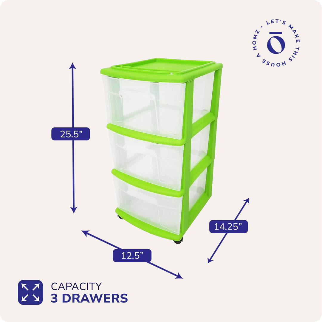 Homz 3 Drawer Medium Storage Container Tower, Clear Drawers/Lime Frame (2 Pack)