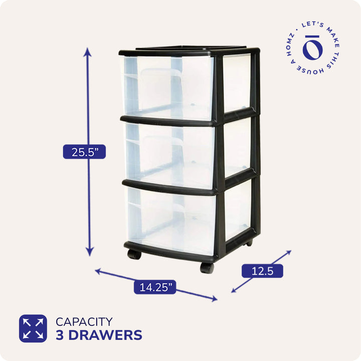 3 Drawer Medium Home Storage Container, Clear Drawers & Black Frame (Open Box)