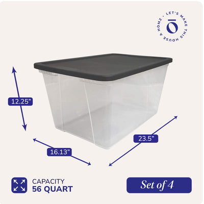 Homz 56 Qt Stackable Plastic Storage Container w/Snaplock Lid, Gray (4 Pack) - VMInnovations