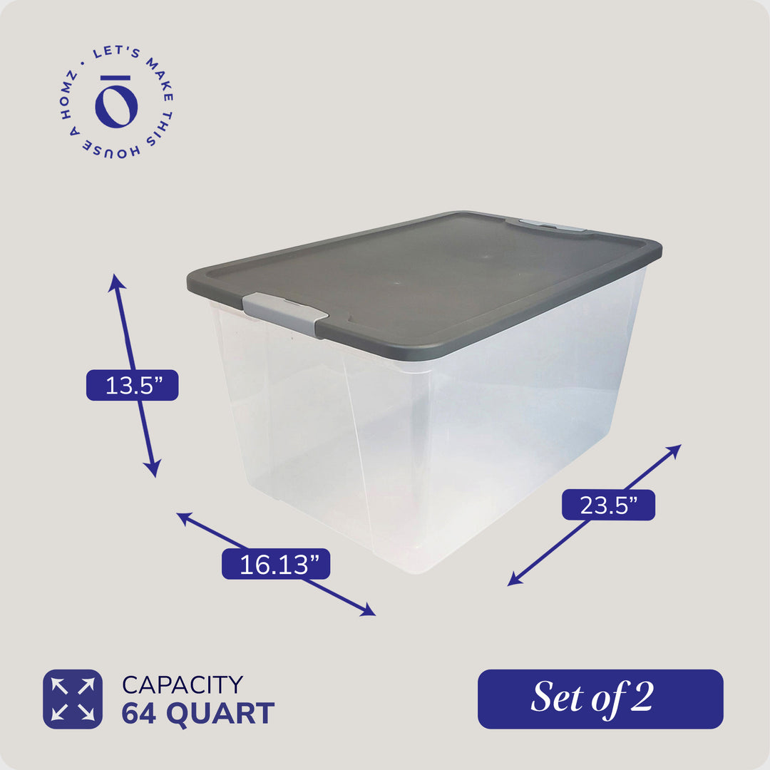 64 Qt Secure Latching Large Clear Plastic Storage Bin w/ Gray Lid (2 Pack)(Used)