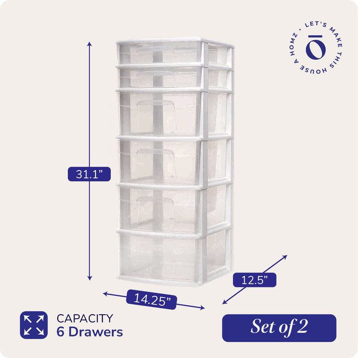 Homz Plastic 6 Clear Drawer Medium Home Storage Container Tower, White (2 Pack)