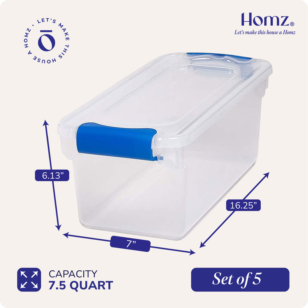 Homz 7.5 Quart Secure Latching Clear Plastic Stackable Storage Container, 5 Pack