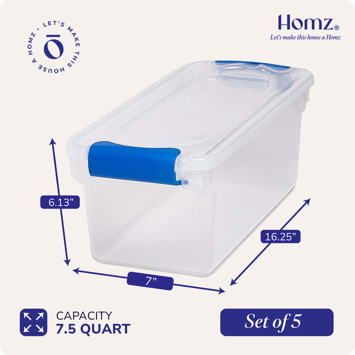 Homz 7.5 Quart Secure Latching Clear Plastic Stackable Storage Container, 5 Pack