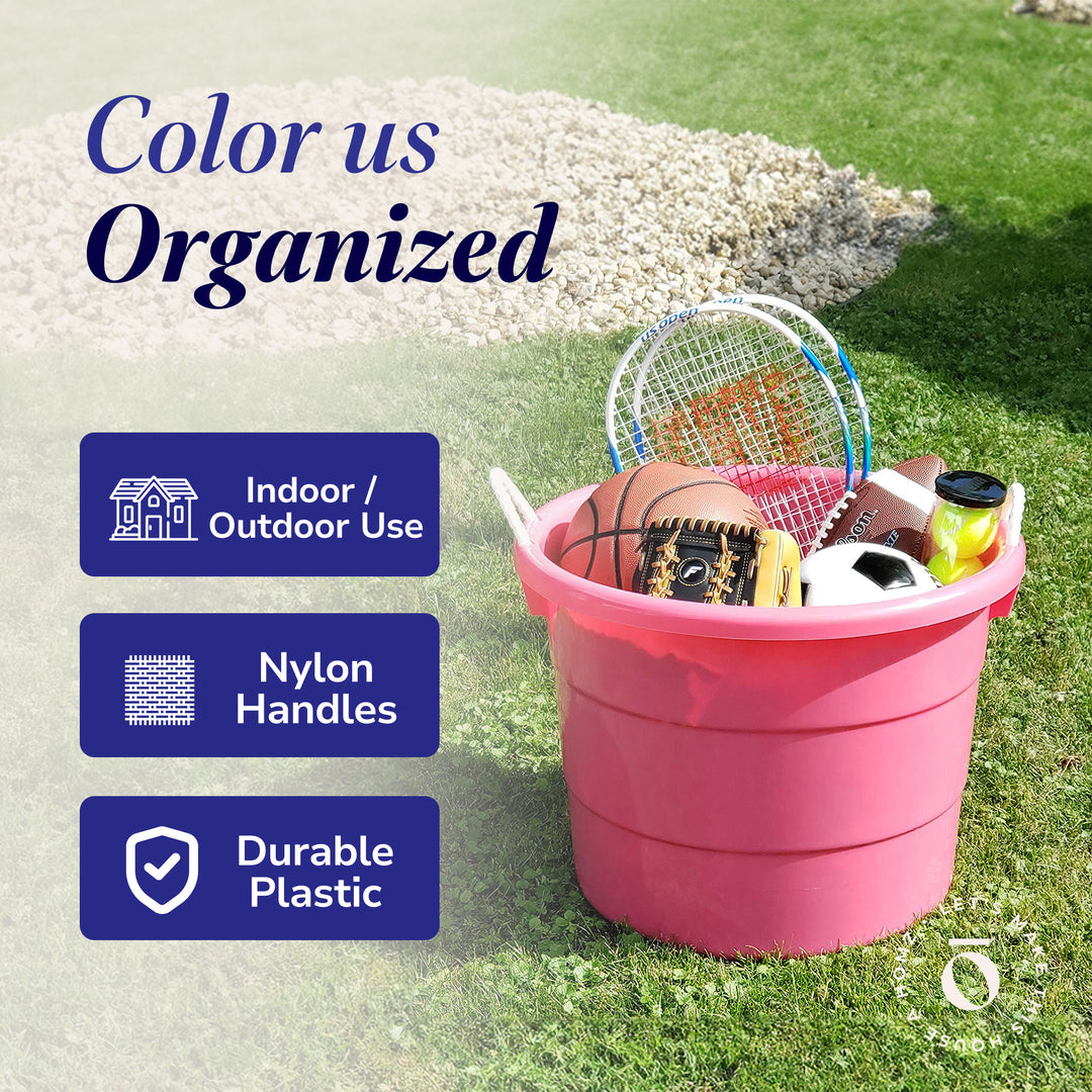 Homz Plastic 18 Gallon Utility Bucket Tub Container with Handles, Pink (6 Pack)