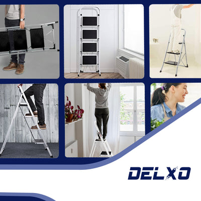 Delxo Alloy Steel Folding 4 Step Stool Portable Ladder w/ Hand Grip, White(Used) - VMInnovations