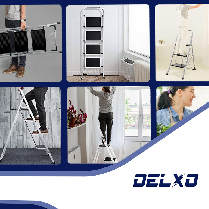 Delxo Steel Non-Slip Folding 4 Step Ladder with Hand Grip, White (Open Box) - VMInnovations