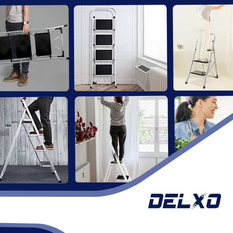 Delxo Steel Non-Slip Folding 4 Step Ladder with Hand Grip, White (Open Box)