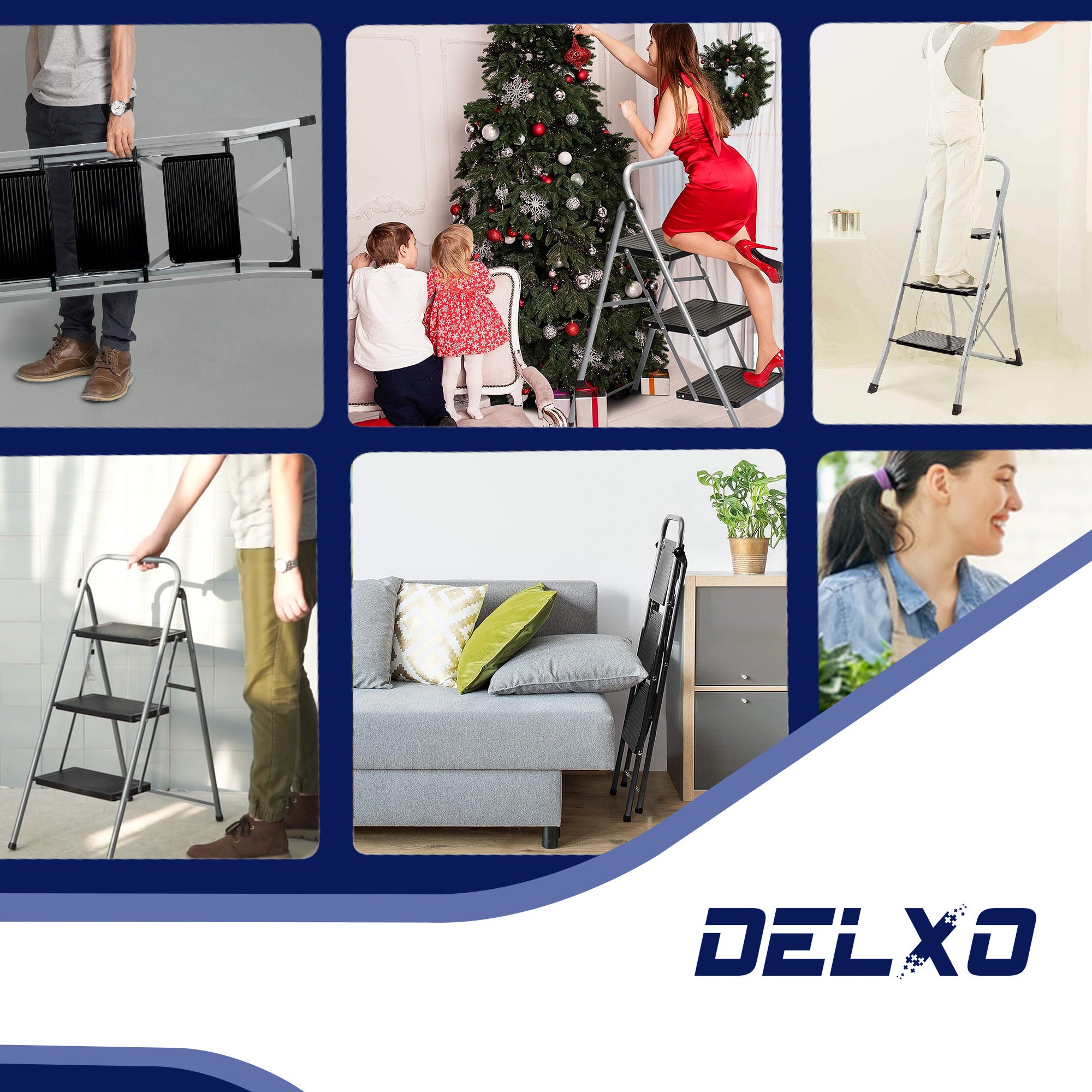 Delxo Folding Portable Steel Non Slip 3 Step Stool w/ Hand Grip, Gray (Open Box) - VMInnovations