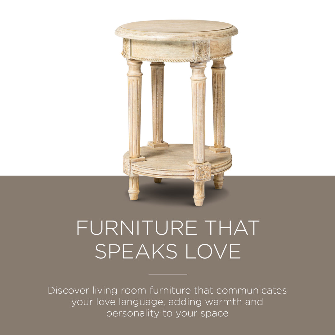 Maven Lane Pullman Traditional Round Wooden Side Table in Antiqued White Finish - VMInnovations