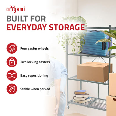 Origami 4 Tier Heavy Duty Folding Storage Rack w/ Wheels, Gray (Open Box) - VMInnovations