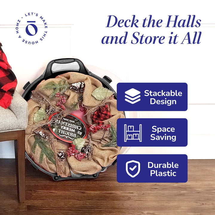 Homz 24" Seasonal Holiday Christmas Plastic Wreath Storage Box, Black (Set of 3)