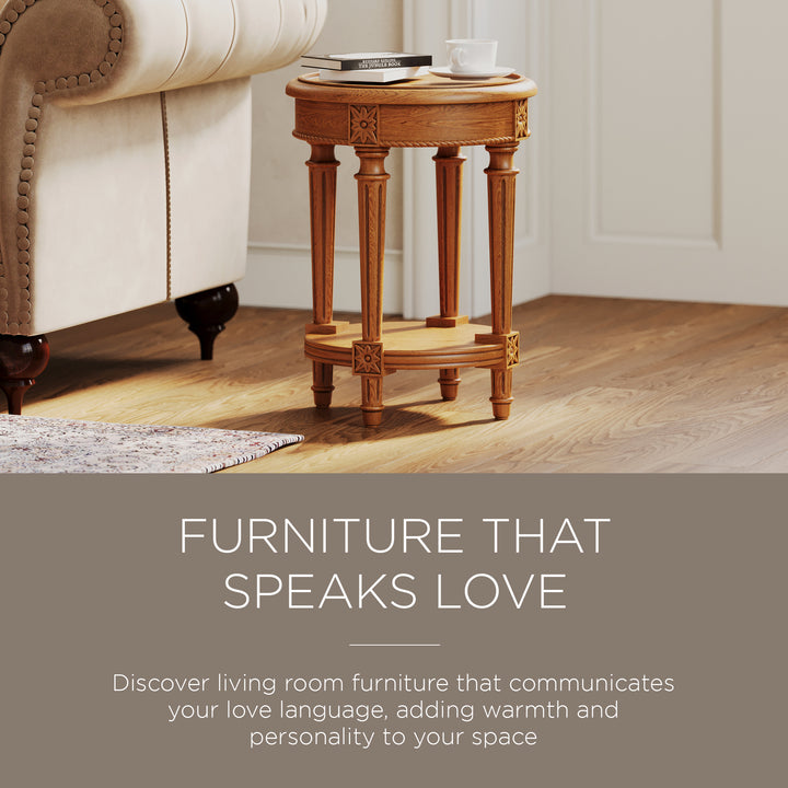 Maven Lane Pullman Traditional Round Wooden Side Table, Antiqued Natural Finish