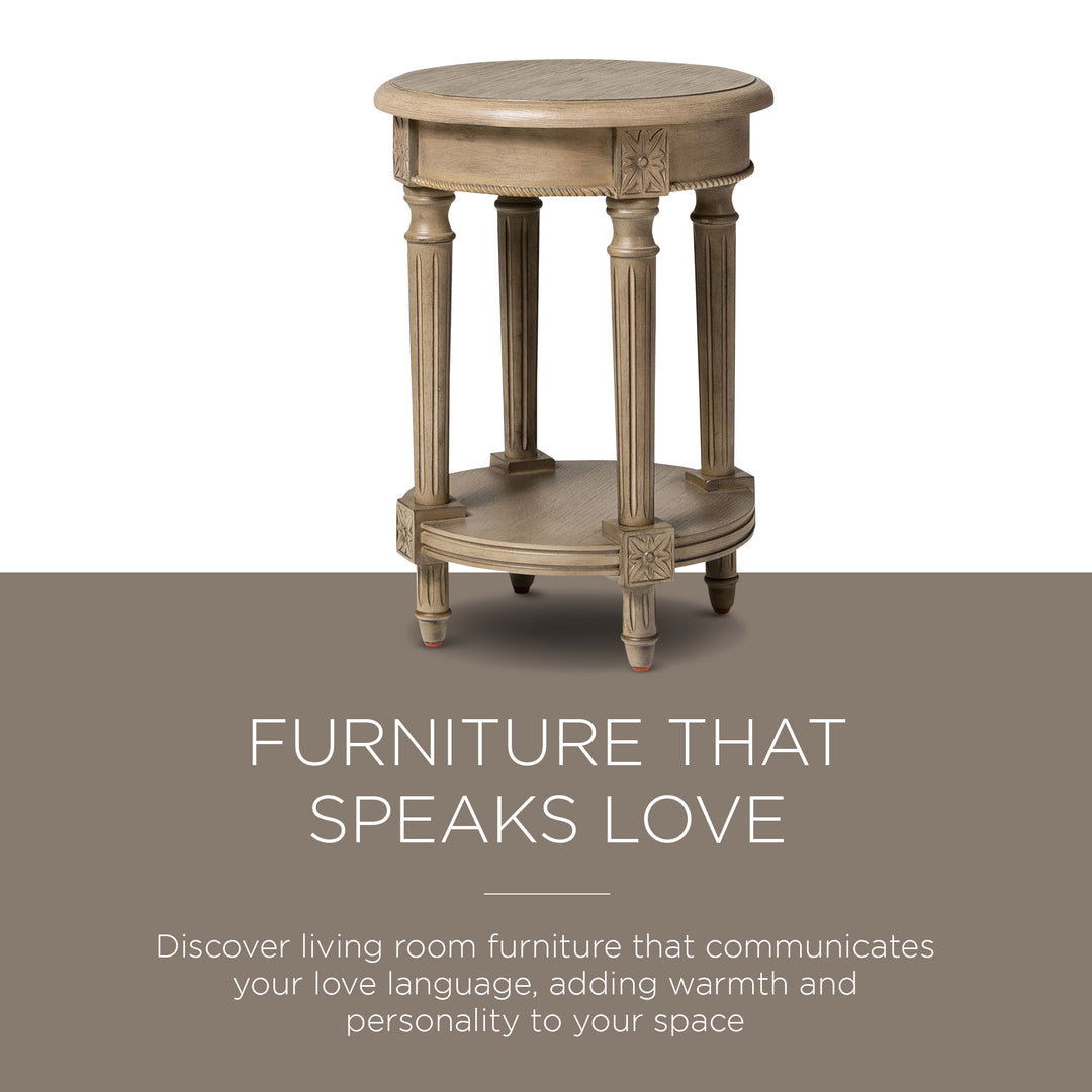 Maven Lane Traditional Round Wooden Side Table in Antiqued Grey Finish (Used) - VMInnovations