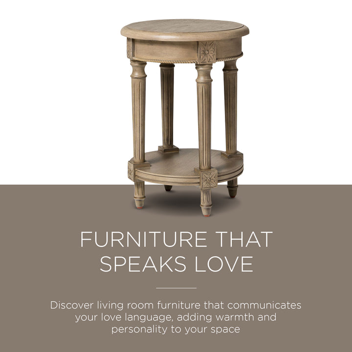 Maven Lane Traditional Round Wooden Side Table in Antiqued Grey Finish (Used) - VMInnovations