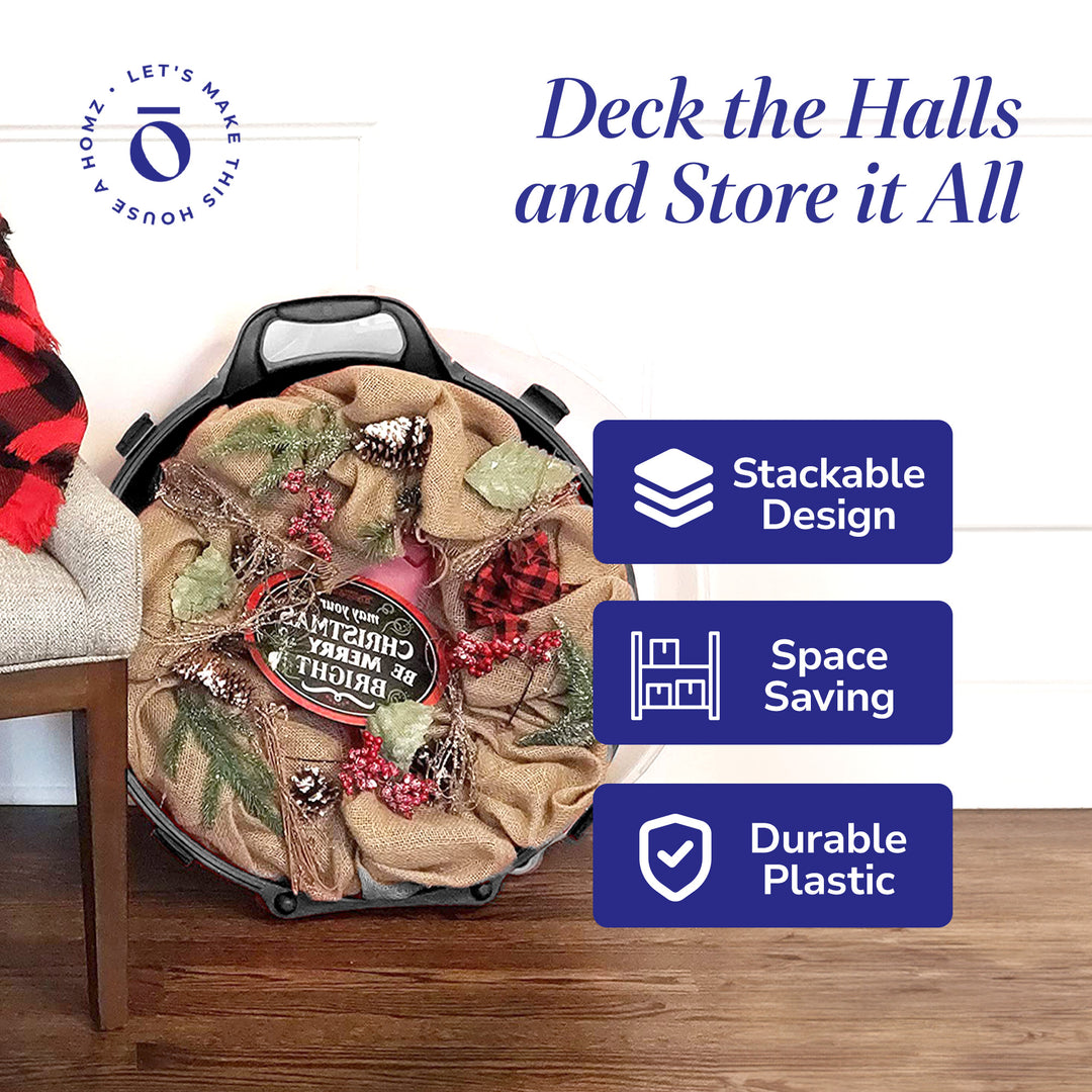 Homz 24" Seasonal Holiday Christmas Plastic Wreath Storage Box, Black (Set of 3)