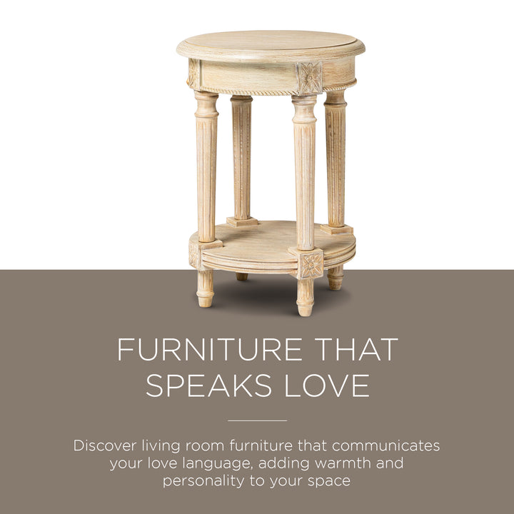 Maven Lane Traditional Round Wooden Side Table in Antiqued White Finish (Used) - VMInnovations