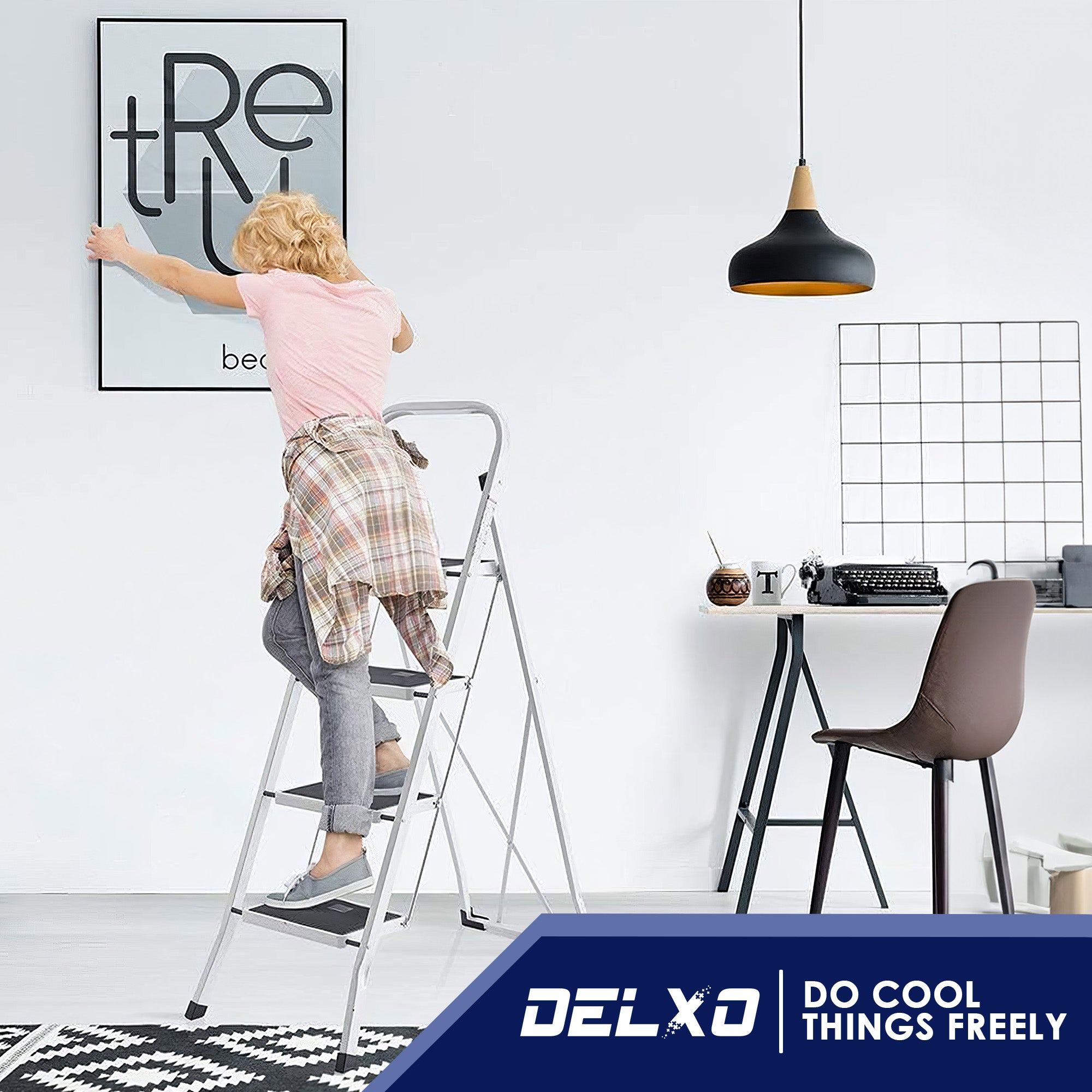 Delxo Alloy Steel Folding 4 Step Stool Portable Ladder w/ Hand Grip, White(Used) - VMInnovations