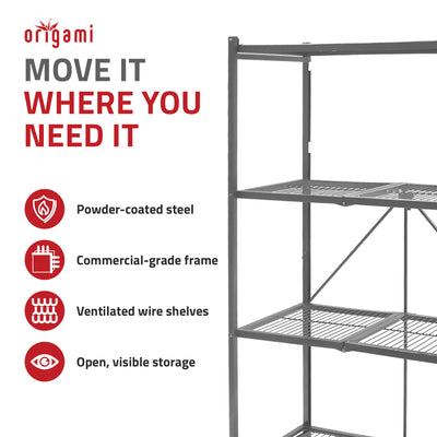 Origami 4 Tier Multipurpose Folding Storage Organizing Rack with Wheels, Gray