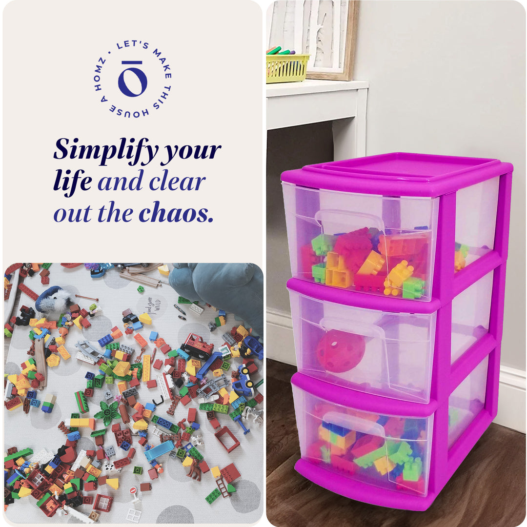 Homz Plastic 3 Drawer Medium Storage Container Tower, Purple Frame (2 Pack)