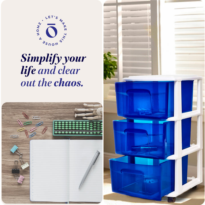 Homz Plastic 3 Drawer Medium Storage Container Tower, Blue Drawers/White Frame