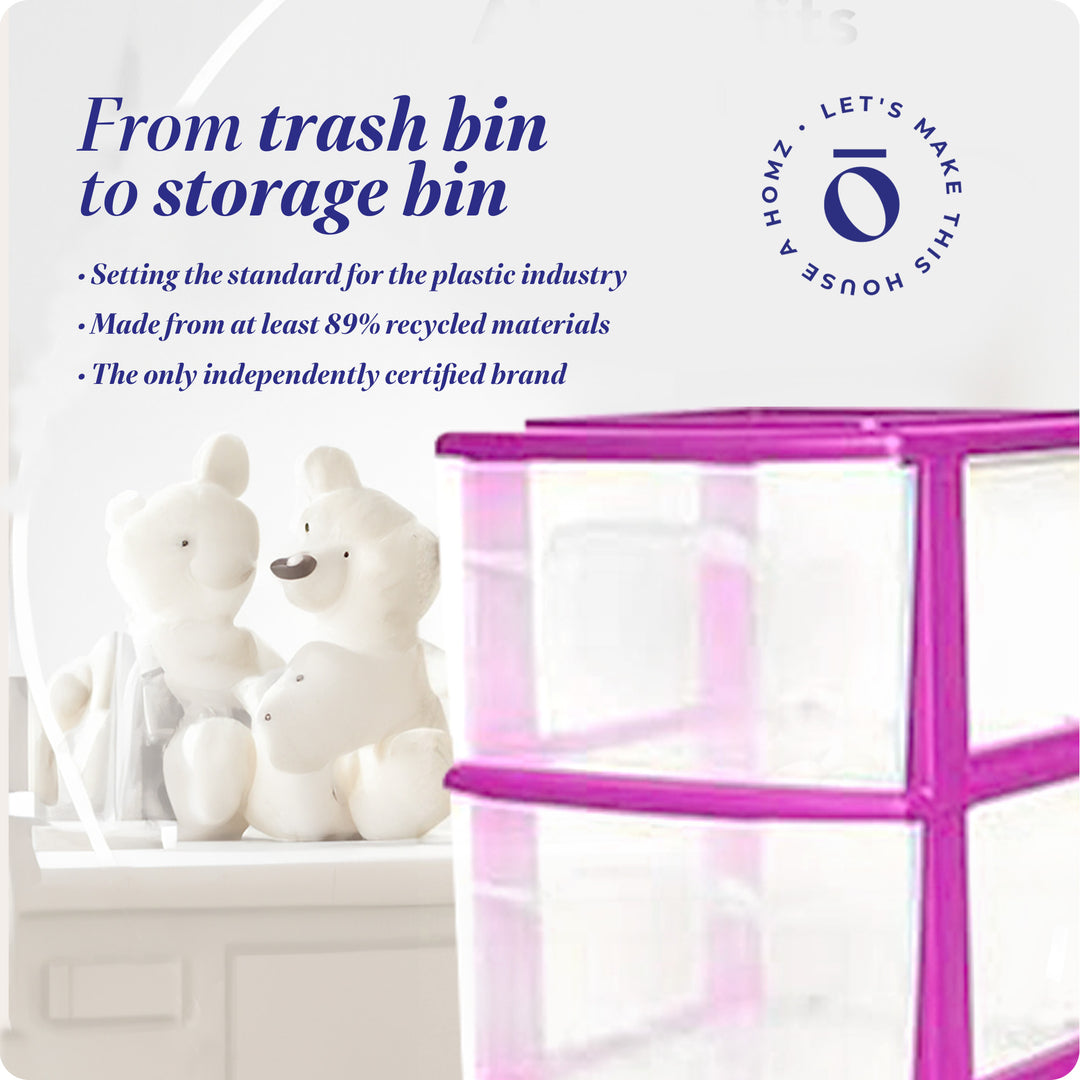 Homz Plastic 3 Drawer Medium Storage Container Tower, Purple Frame (2 Pack)