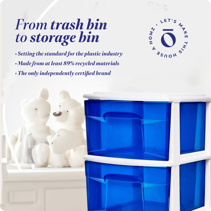 Homz Plastic 3 Drawer Medium Storage Container Tower, Blue Drawers/White Frame