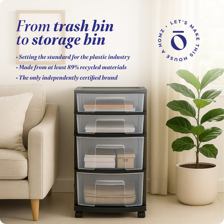 Homz Plastic 4 Drawer Medium Storage Tower, Clear Drawers & Black Frame (2 Pack)