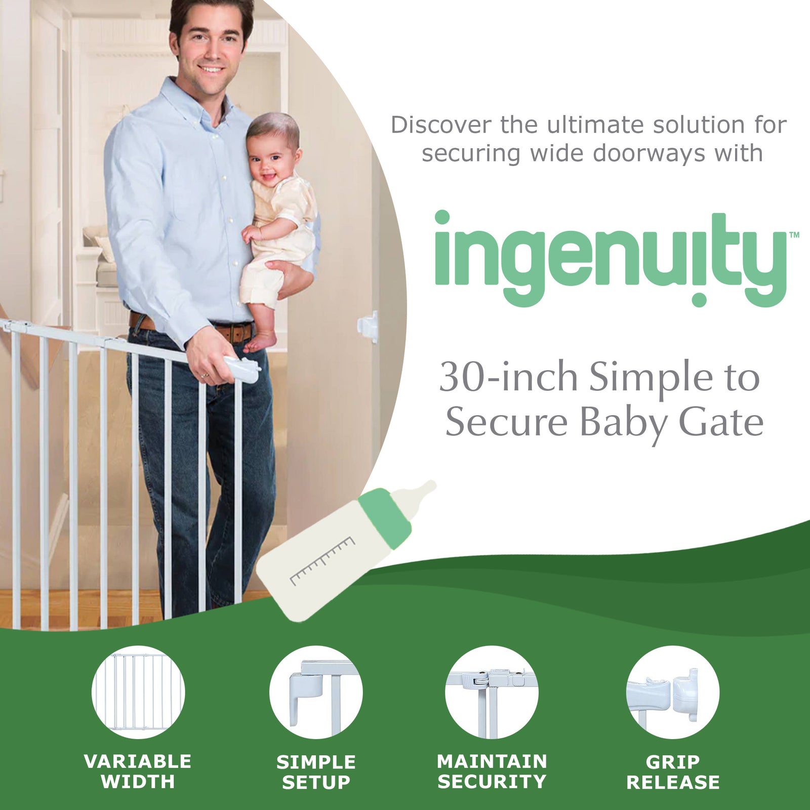 Ingenuity 30" Infant Top of Stairs Simple to Secure Baby Gate, White (Open Box) - VMInnovations
