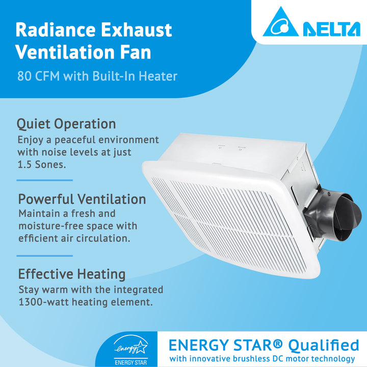 Delta Breez Radiance Exhaust Bathroom Fan 80 CFM with Built-In Heater, White