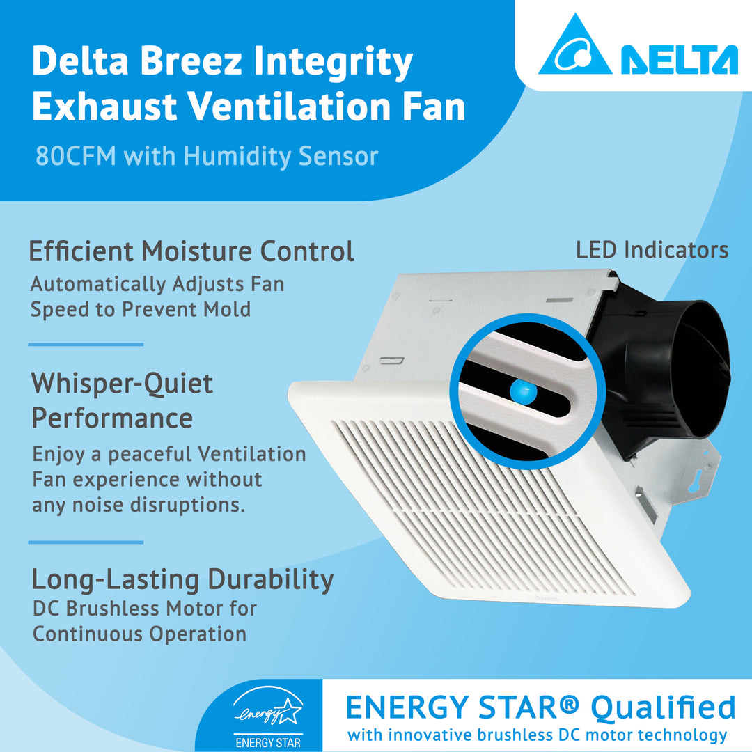 Delta Breez Integrity Exhaust Bathroom Fan 80 CFM w/Humidity Sensor, (Open Box)
