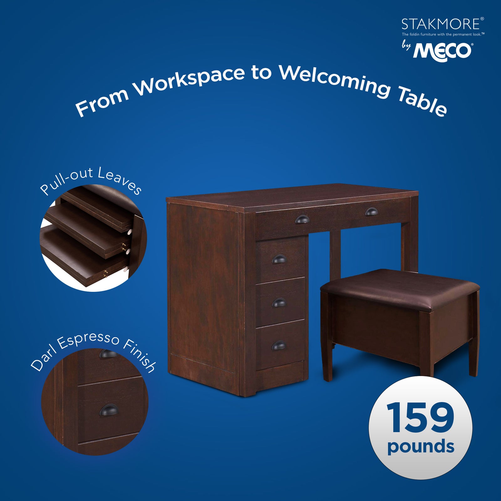 MECO Stakmore Wooden Made Expandable Desk with Ottoman and 3 Functioning Drawers - VMInnovations