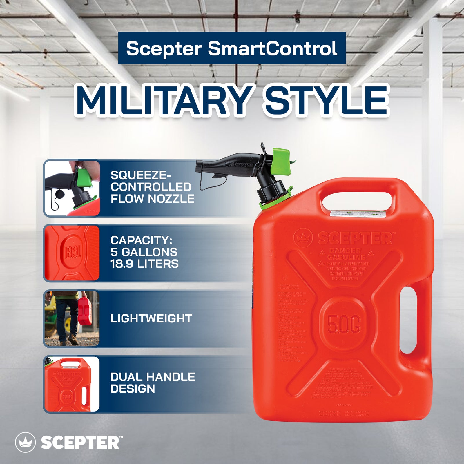 Scepter SmartControl Dual Handle Gasoline Can Container Jug, 5 Gal/18.9L, Red - VMInnovations