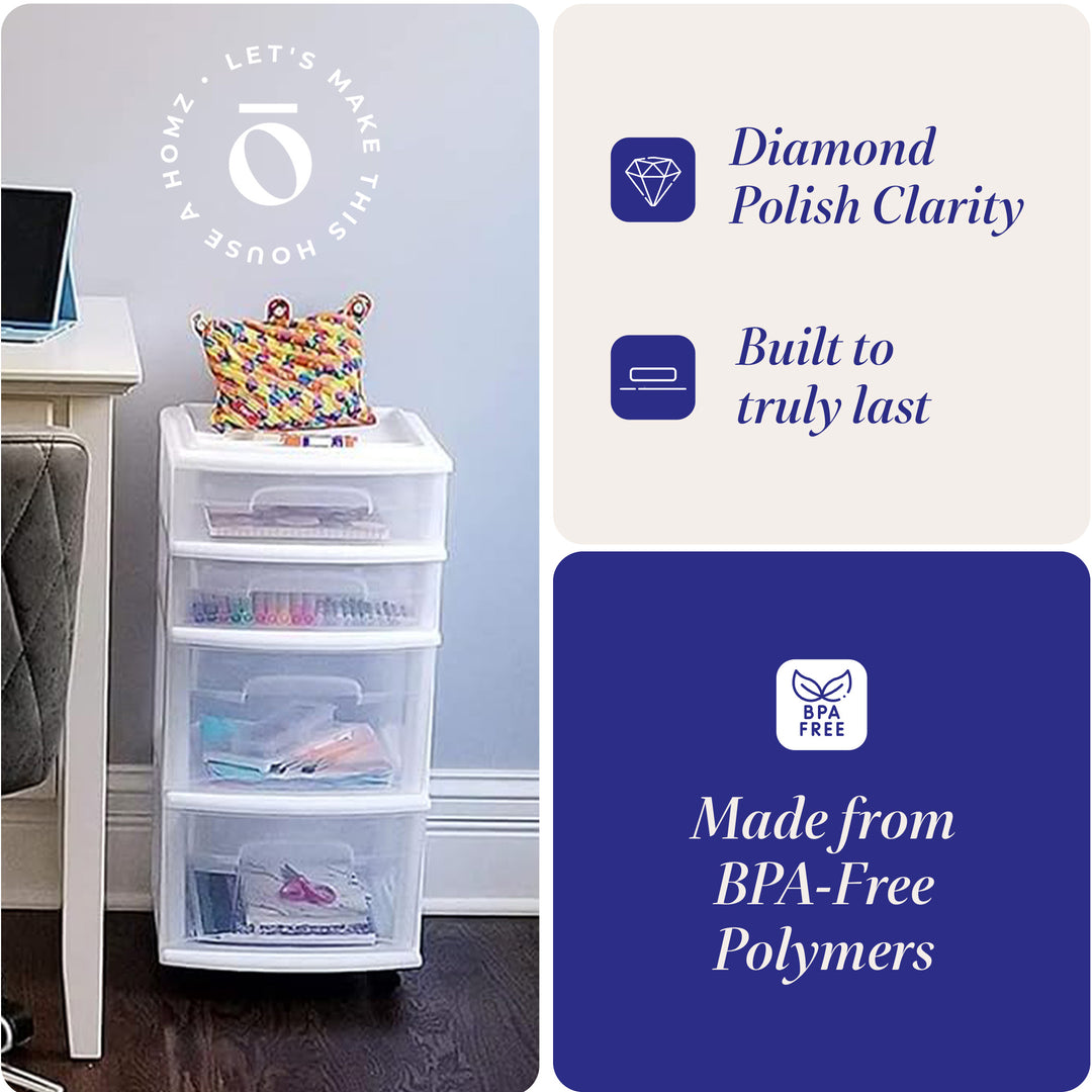 Homz Clear Plastic 4 Drawer Medium Home Storage Container Tower, White Frame