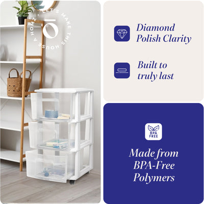 Plastic 3 Drawer M Storage Container Tower, Clear Drawers/White Frame (Open Box)