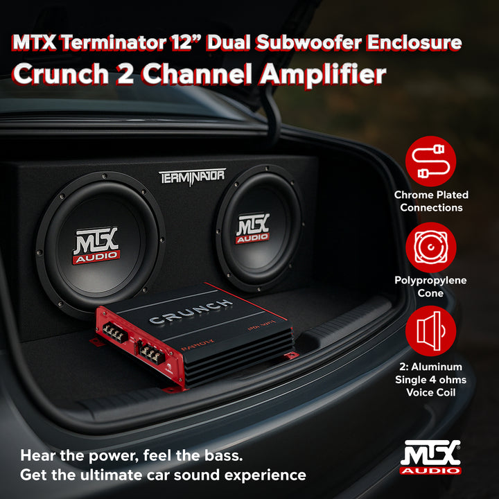 Crunch 2 Channel Car Audio Amplifier & MTX 12 In Dual Loaded Subwoofer Enclosure