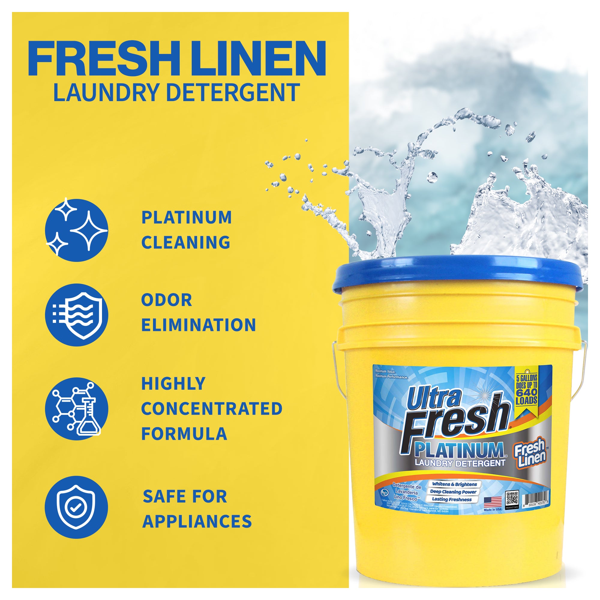 Ultra Fresh Platinum 5 Gal Laundry Detergent, Up to 640 Loads, Fresh Linen Scent - VMInnovations