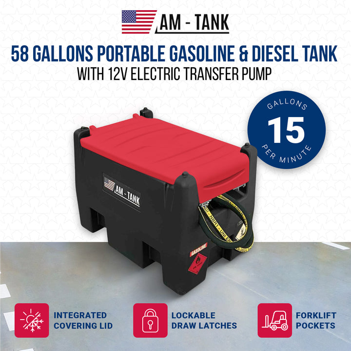 AM-TANK 58 Gal Gasoline & Diesel Tank w/12 Volt Pump & Covering Lid (Open Box)