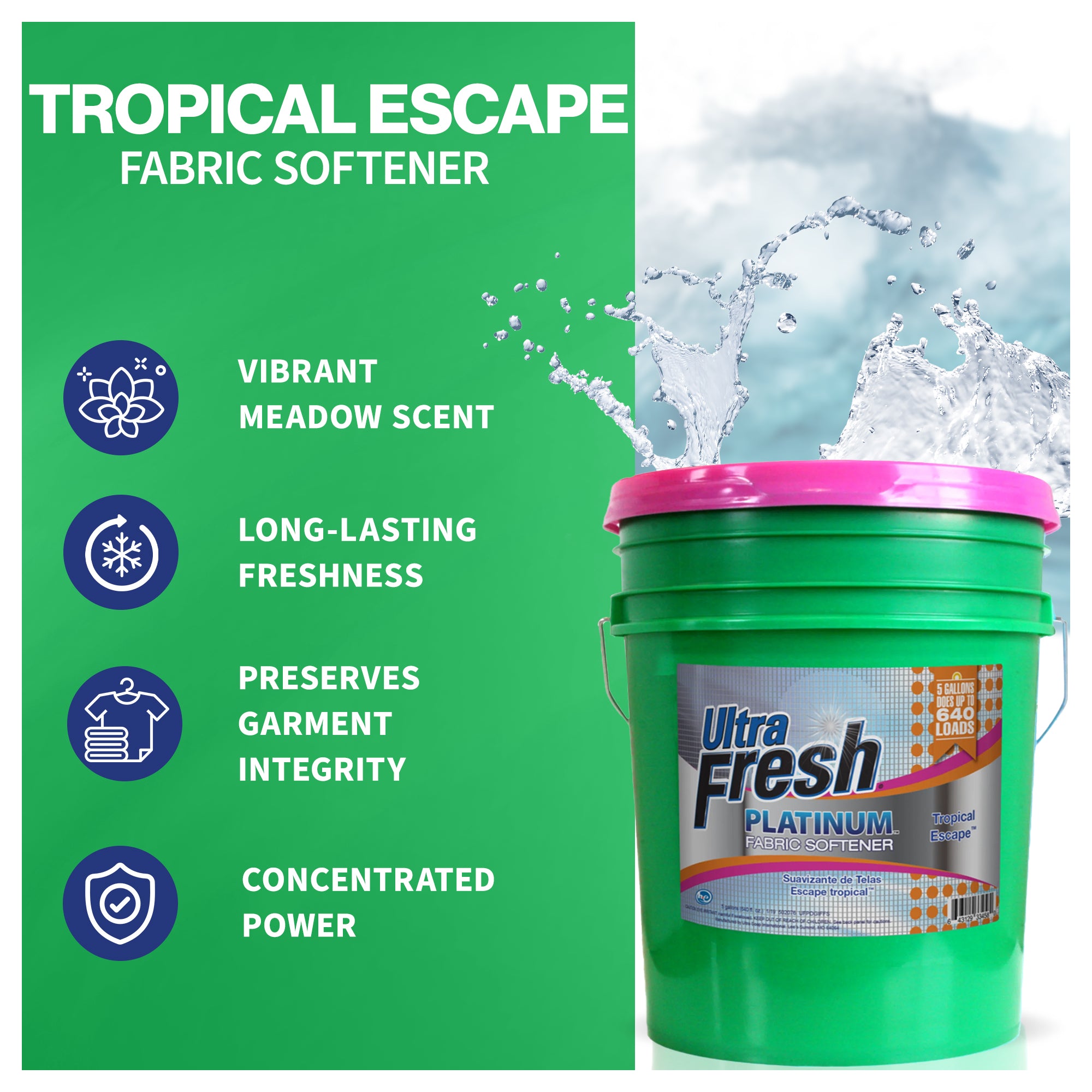 Ultra Fresh Platinum Fabric Softener Up to 640 Loads, Tropical Escape, 5 Gal - VMInnovations