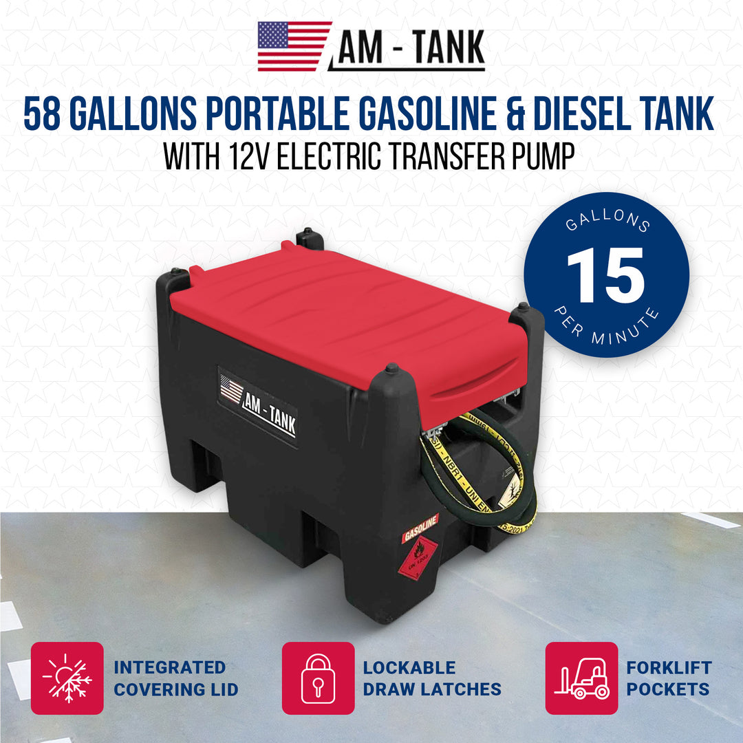 AM-TANK 58 Gallon Gasoline & Diesel Fuel Tank with 12 Volt Pump and Covering Lid