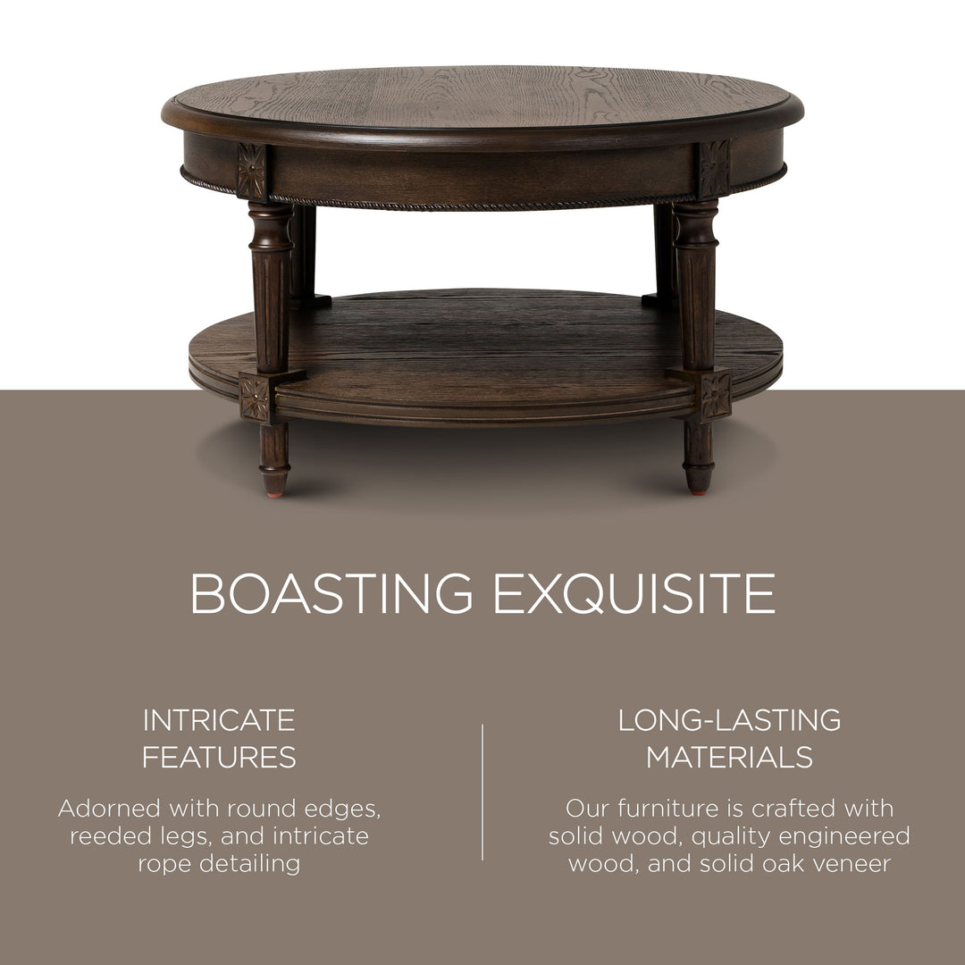 Maven Lane Pullman Traditional Round Wooden Coffee Table, Antiqued Brown Finish - VMInnovations
