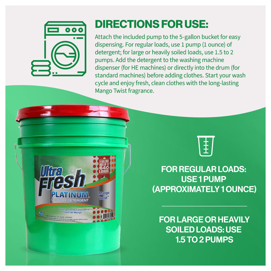Ultra Fresh 3X Platinum Laundry Detergent, Up to 640 Loads, Mango Twist, 5 Gal - VMInnovations