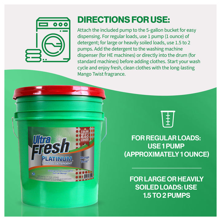 Ultra Fresh 3X Platinum Laundry Detergent, Up to 640 Loads, Mango Twist, 5 Gal - VMInnovations